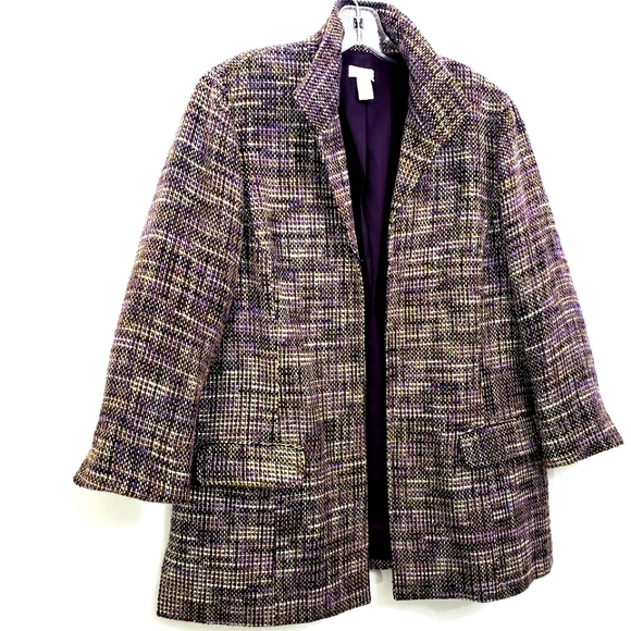 CHICOS Tweed Longline Plum/Green/Silver Metalic Blazer / Jacket - Picture 4 of 16